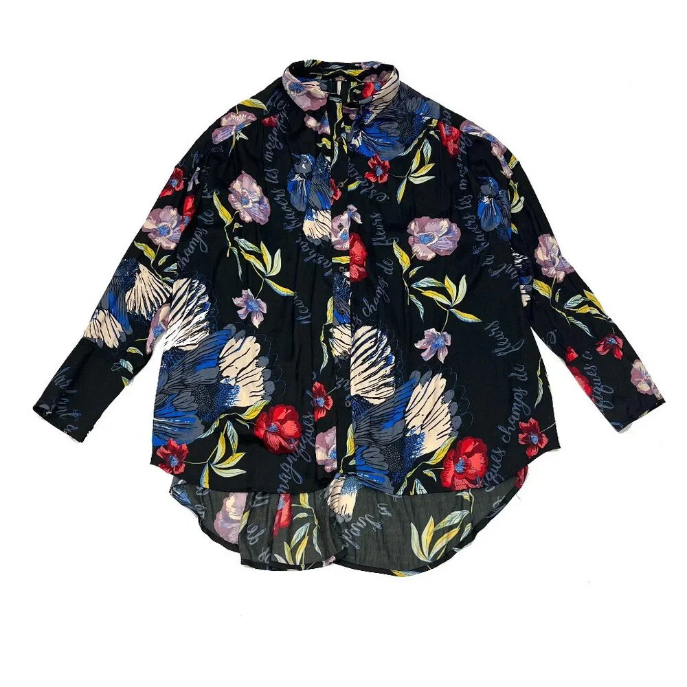 Free People Oversized Womens Bird Floral LS Button Blouse Black Top M